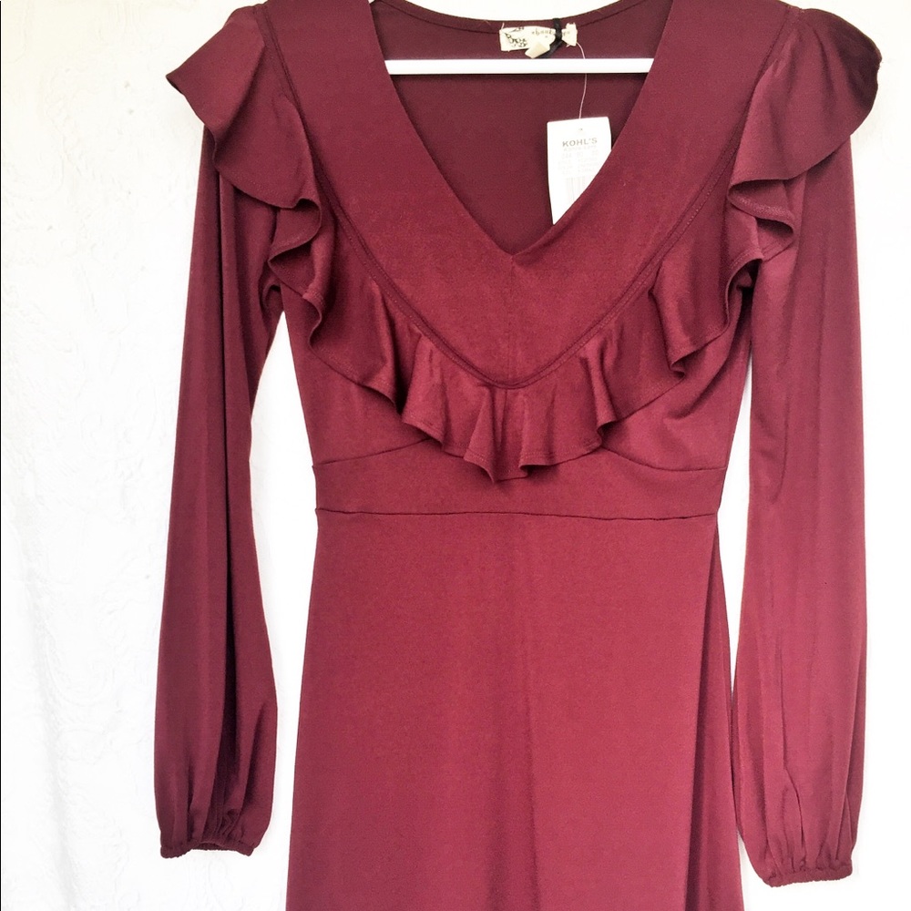 Burgundy dress with ruffle front. Size XS